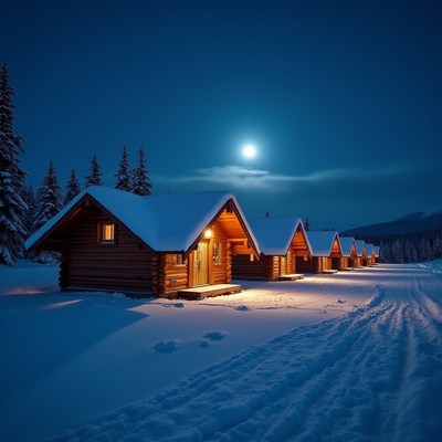 Winter cabins under moonlight in snowy landscape