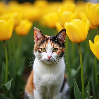 Cat among yellow tulips in spring