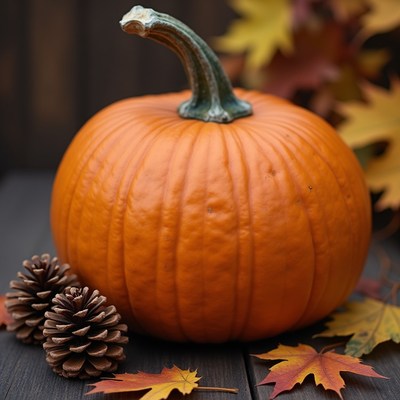 Pumpkin and pine cones display in autumn