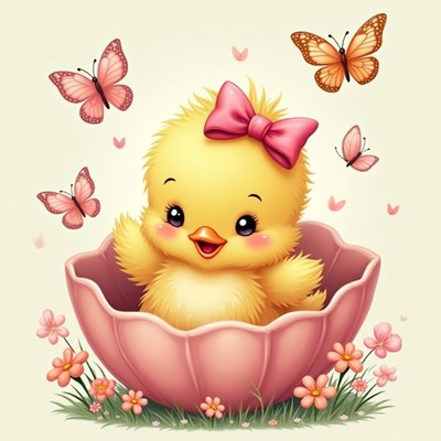 Cute chick in pink shell with butterflies