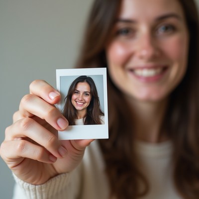 Woman holding a small photo in hand