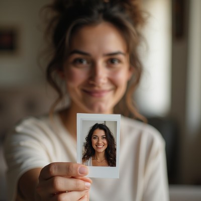 Smiling woman holds photo of herself