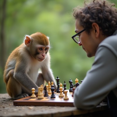 Monkey plays chess with man