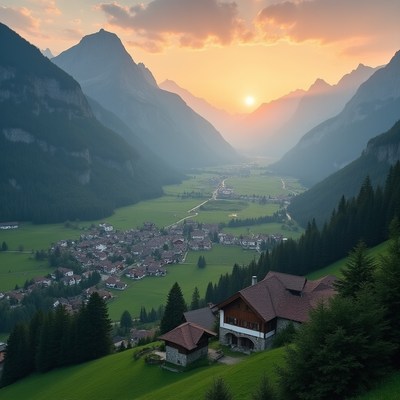 Sunset over valley and mountains