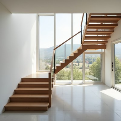 Modern staircase with large windows