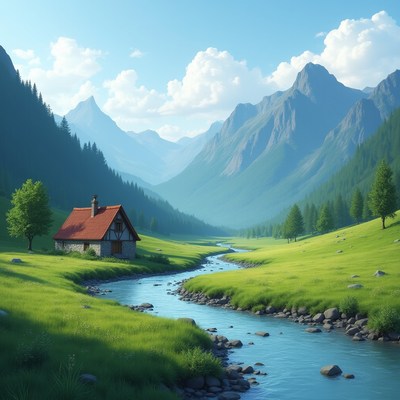 Mountain valley with house near river