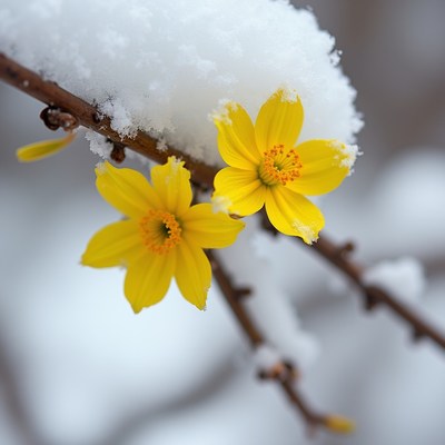 Yellow flowers under snow in winter