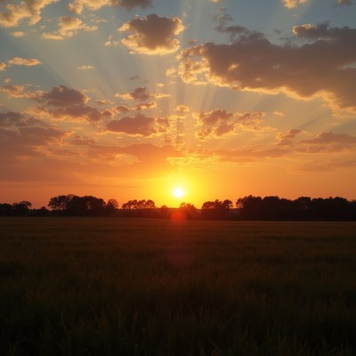 Sunset over a field with clouds