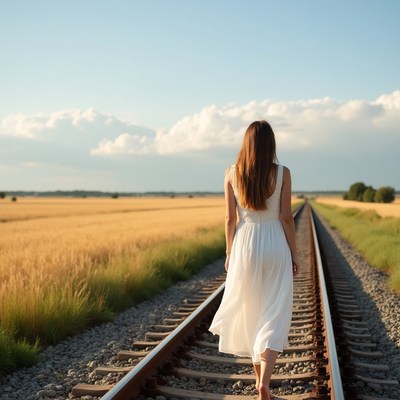 Woman walks on railway tracks in sunlight