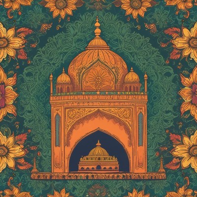 Colorful pattern featuring a historical building