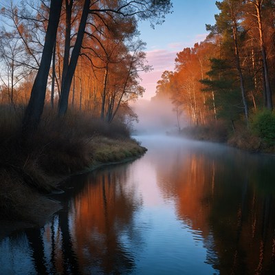 Morning fog over calm river at dawn