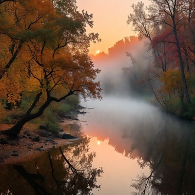 Morning fog over a calm river