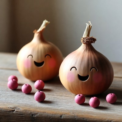 Smiling onions on a wooden table