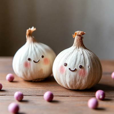 Garlic with happy faces on a table