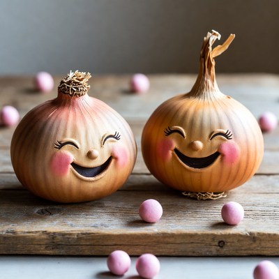 Happy onions with pink decorations on wood