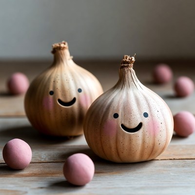 Happy onions and colorful balls on table