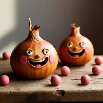 Happy onions with pink balls on wood