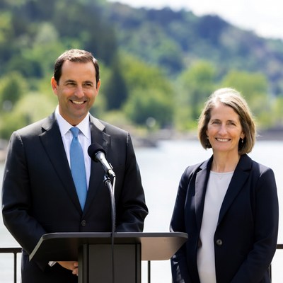 Officials speak at outdoor event near water