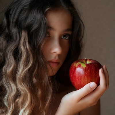 Girl holds red apple in hand