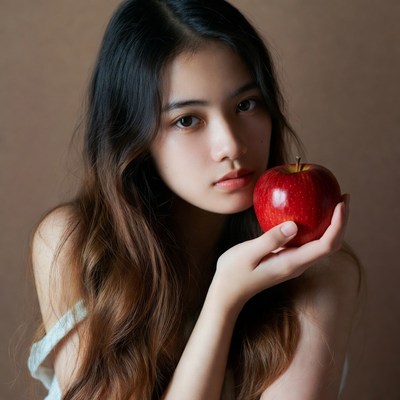 Young woman holds red apple close