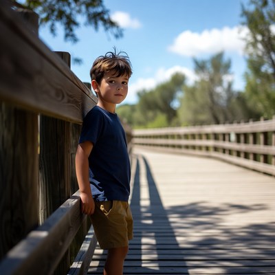 Child standing on wooden bridge