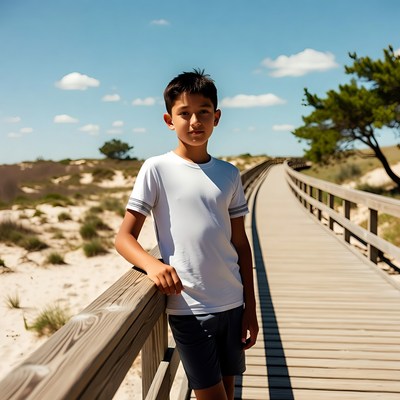 Boy stands on boardwalk by beach