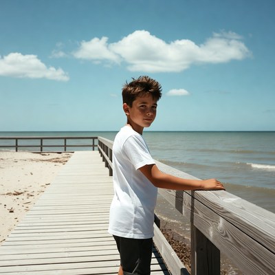 Boy on beach boardwalk by ocean