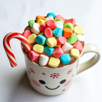 Hot chocolate with marshmallows and candy cane