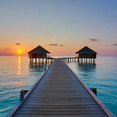 Sunset at a wooden pier in the ocean