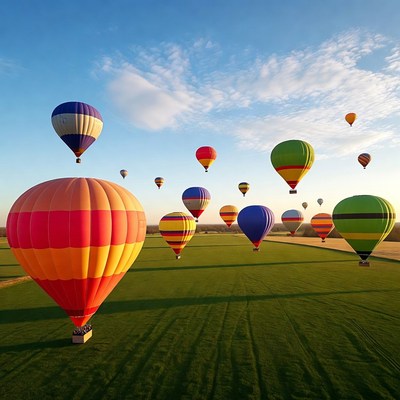 Hot air balloons over green field
