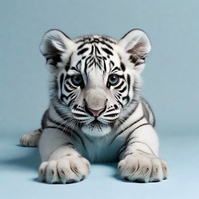 Young tiger lying on blue background