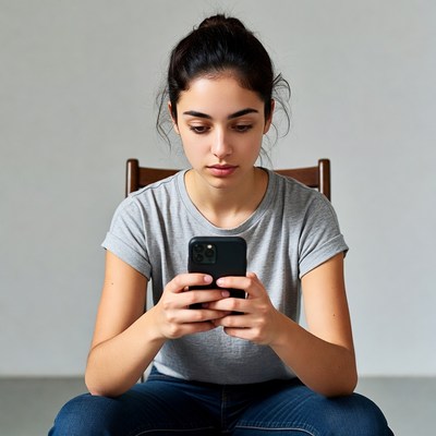 Young woman sitting and using smartphone