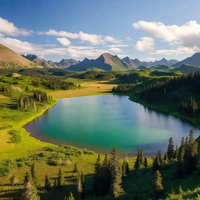 Lush landscape with calm lake under blue sky