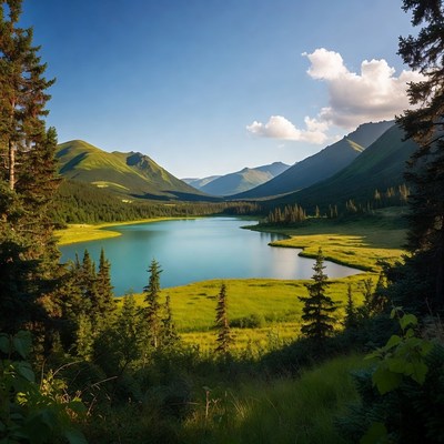 Mountain landscape with lake and trees