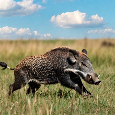 Wild boar running in grassy field