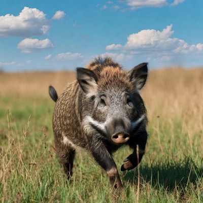 Wild boar runs through grassy field