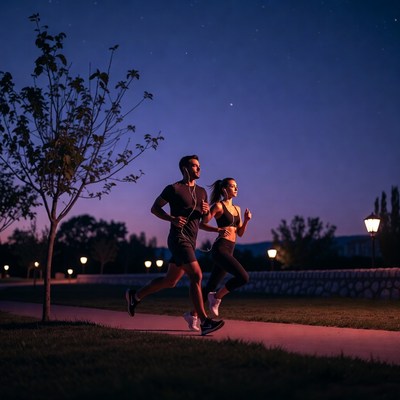 Running together at night near park path