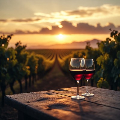 Wine glasses at sunset in vineyard