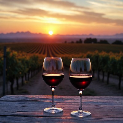 Sunset views with wine glasses in vineyard
