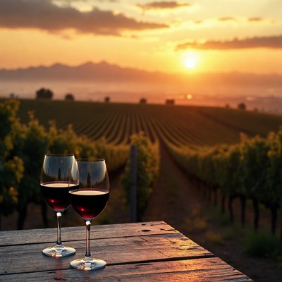Sunset view over vineyard with wine