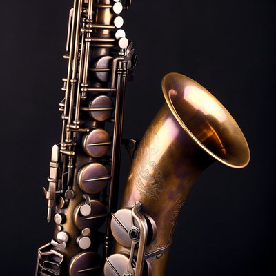 Brass saxophone on black backdrop