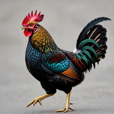 Colorful rooster walking on ground