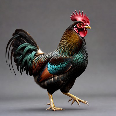 Colorful rooster walking on a gray background
