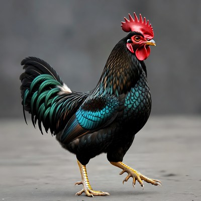 Colorful rooster walking on ground
