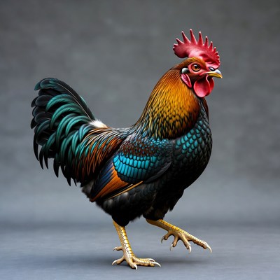 Colorful rooster stands on surface