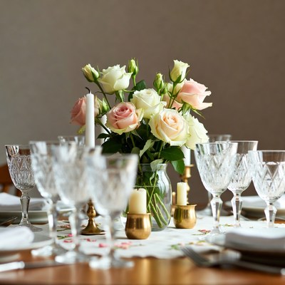 Dinner table with flowers and candles