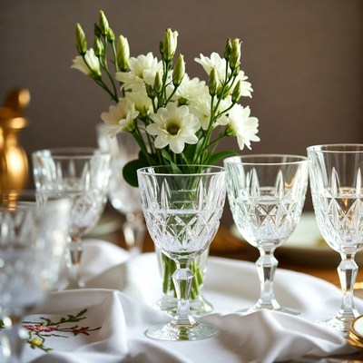 Clear glassware and flowers on table