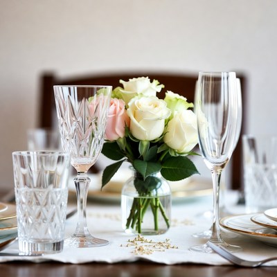Dinner table with flowers and glassware