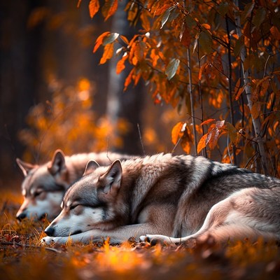 Wolves resting in autumn leaves