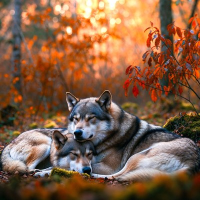 Wolves resting in autumn forest